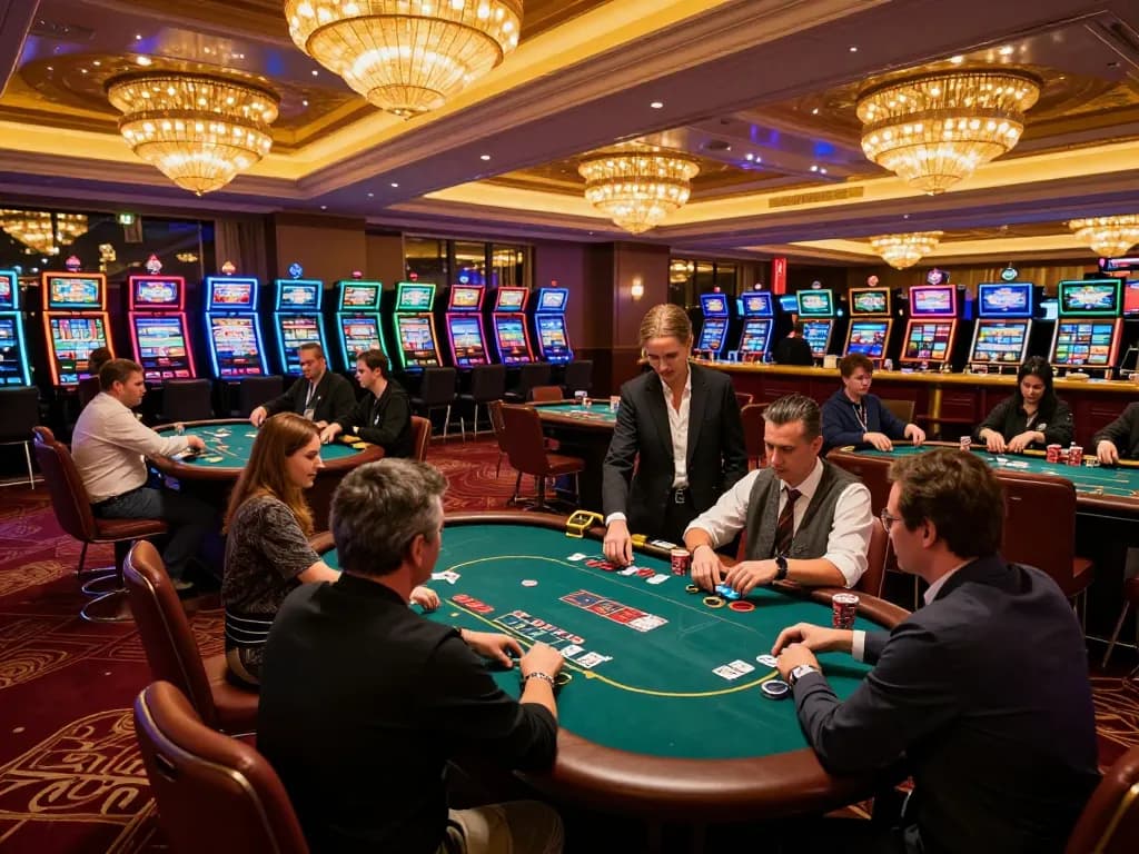 Players engaging in strategic gameplay at a vibrant casino, showcasing fc88k betting excitement.