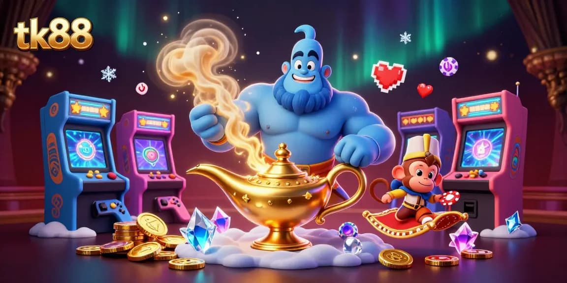 Experience thrilling gameplay at tk88 with a magical genie and poker chips in a dynamic casino scene.