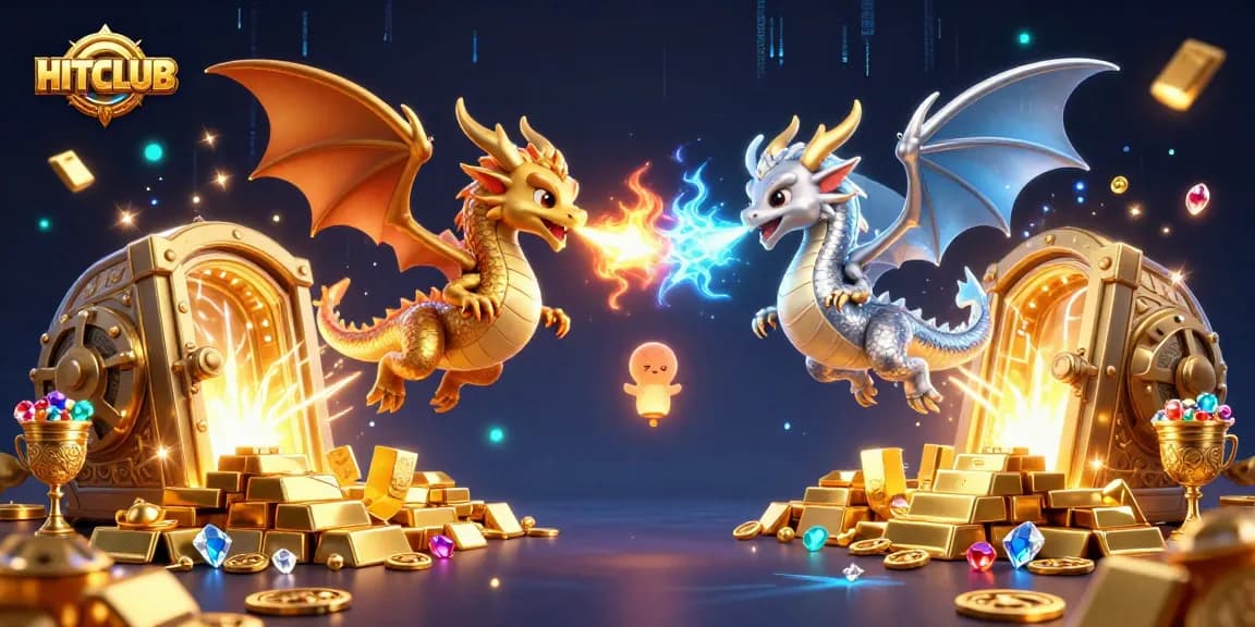 Experience gaming excitement at HITCLUB with stunning dragons mythically battling amidst treasure and slot reels.