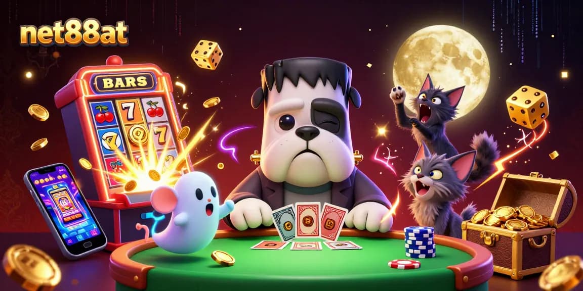 Experience thrilling gaming with net88at's vibrant casino illustration packed with characters and gameplay.