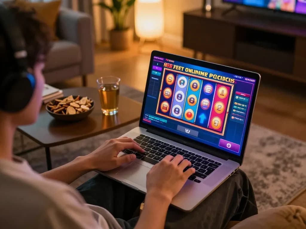 Engaging in 9 bet online gaming with vibrant slots on screen in a cozy home setting