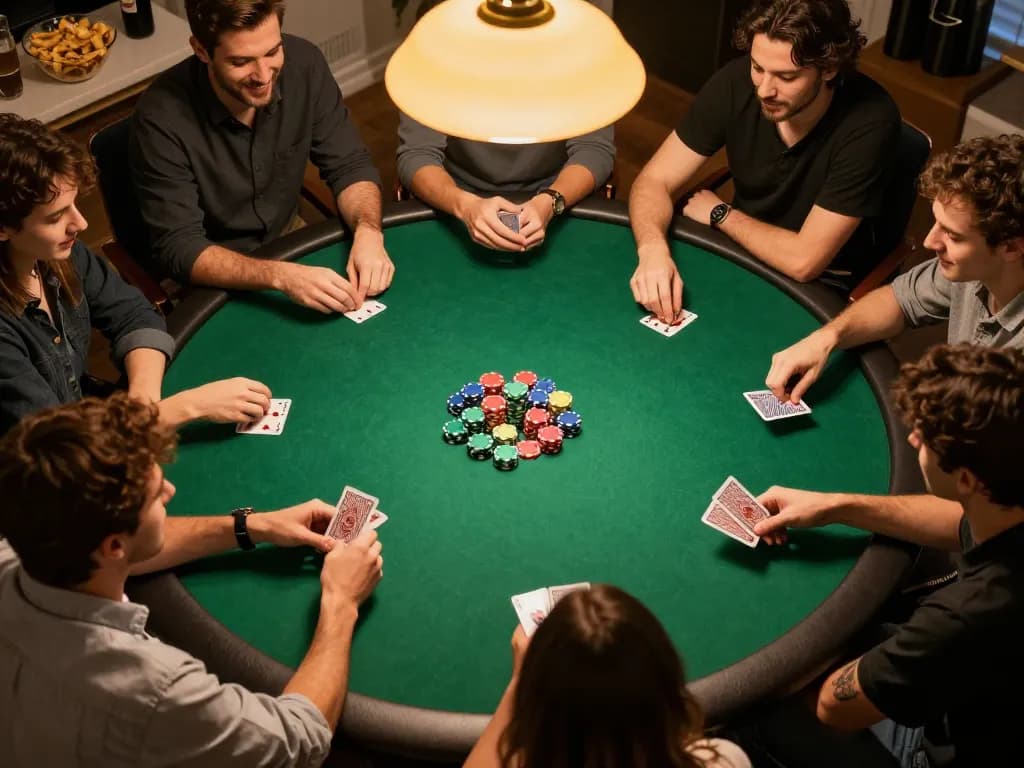 Friends enjoying a lively poker night at home, showcasing poker chips and cards - g28 com.