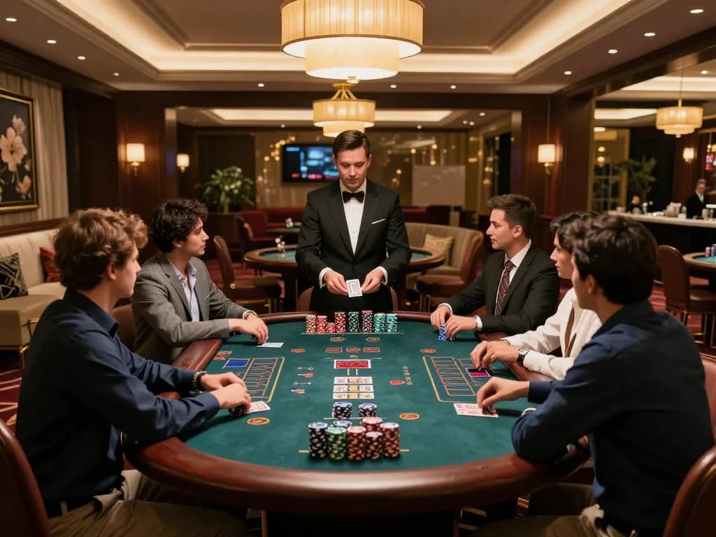 Players engage in intense gameplay at Go8 blackjack table, highlighting strategic betting actions and casino ambiance.