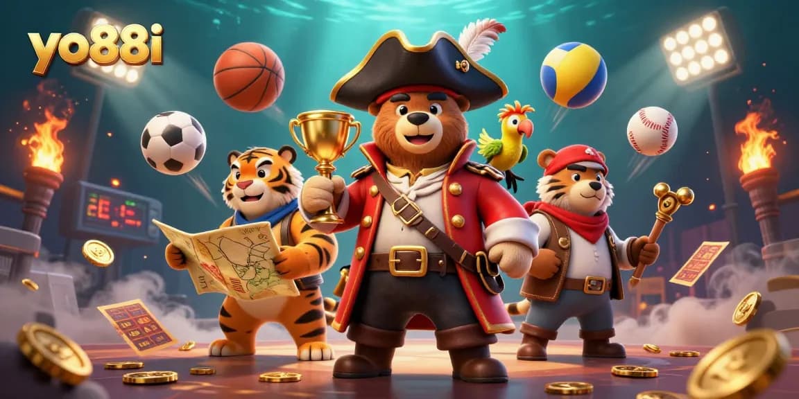 Join the excitement of yo88i with pirate-themed sports betting action encapsulated in this vibrant illustration.