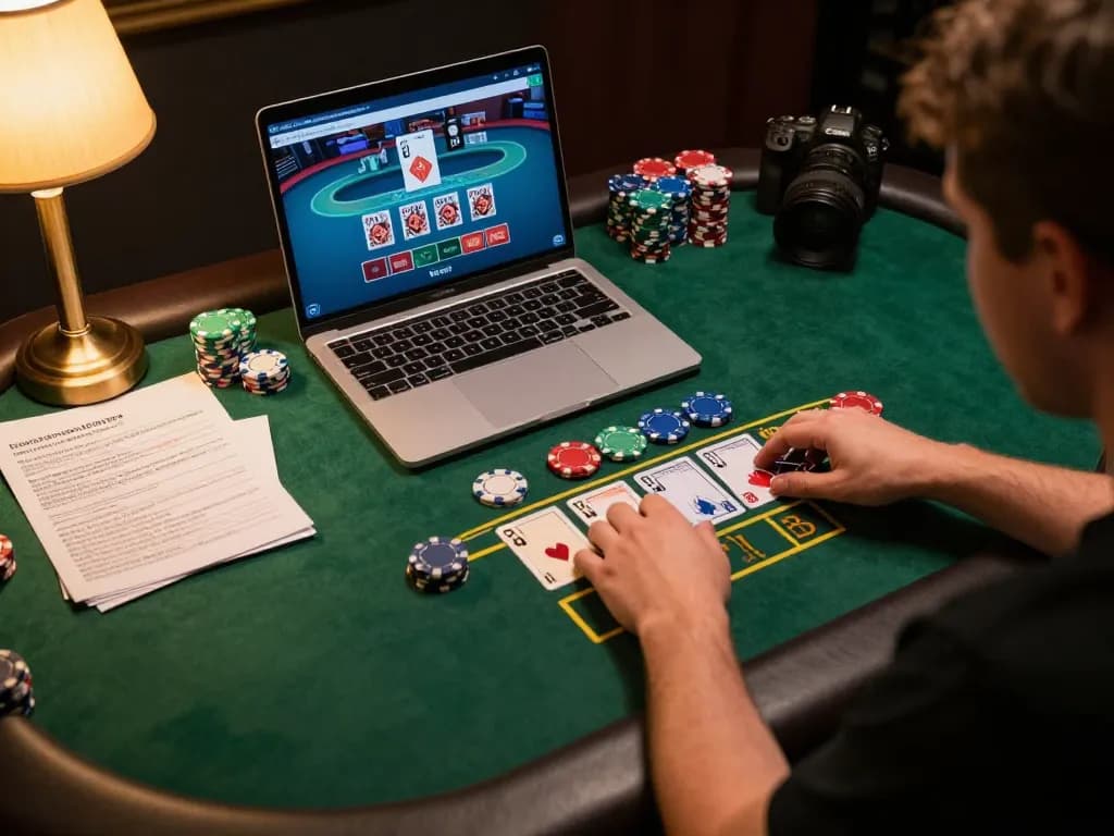 Engage in strategic blackjack gaming with LLwin on a sleek laptop, highlighting responsible betting.