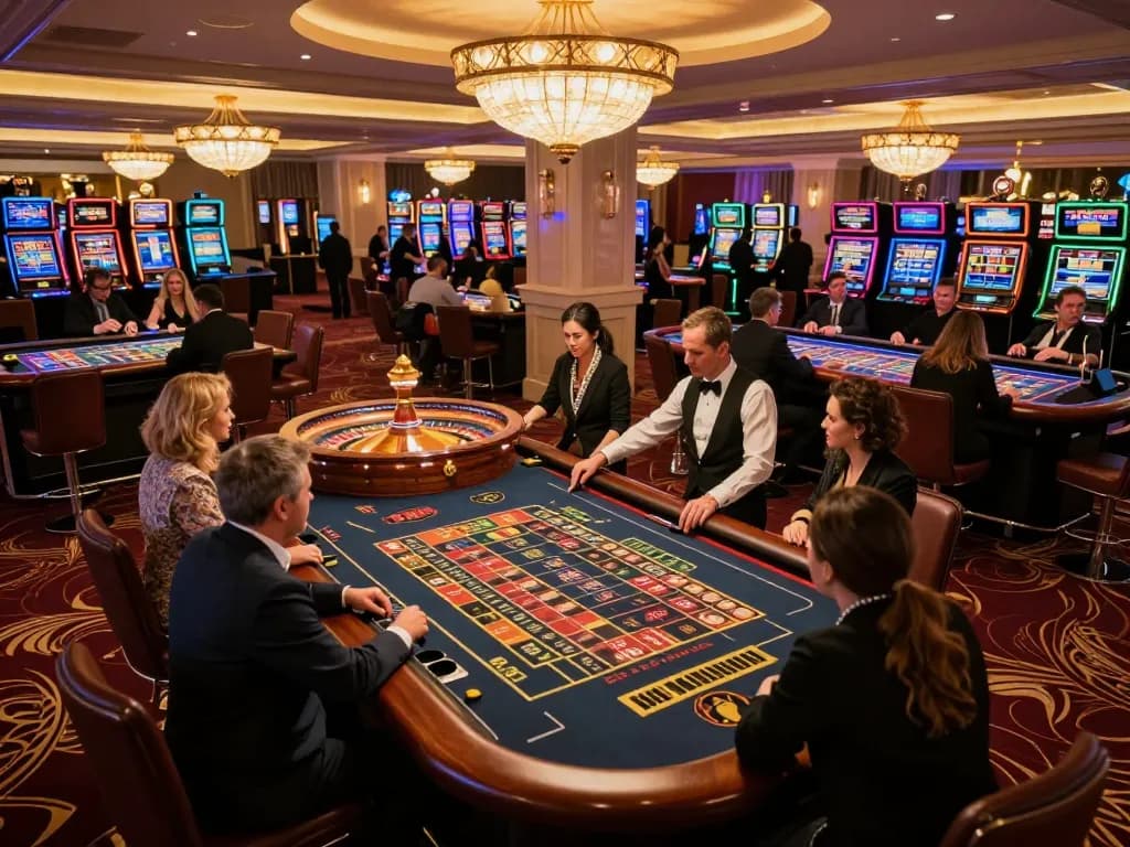 Players excitedly betting on GA88 at an elegant roulette table in a luxurious casino.