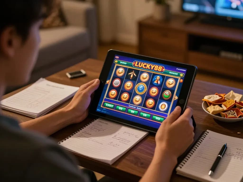 Engaging with the LUCKY88 slot game on a tablet in a cozy home setup, surrounded by strategic notes.