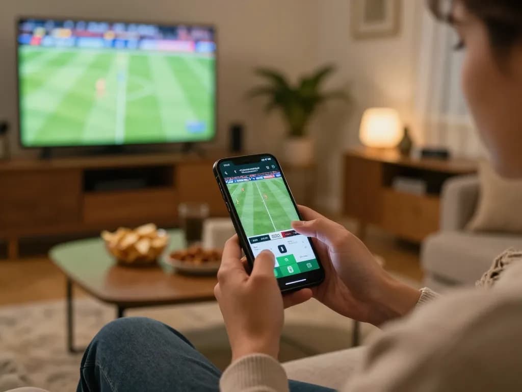 One88me user placing bets on a sports app in a cozy living room setup, showcasing modern gambling lifestyle.