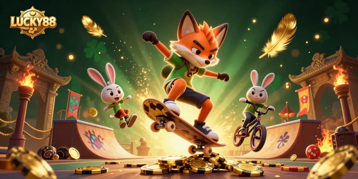 Experience exciting gaming with LUCKY88 as a fox skater and rabbit stuntman celebrate in a vibrant casino.