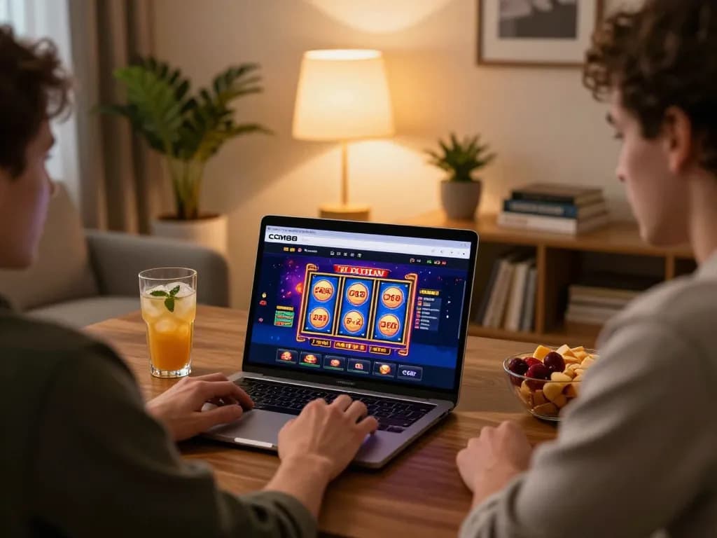 Player enjoying a strategic gaming session on link CM88 at home with visible laptop interface and snack setup.