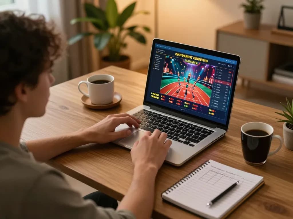 Engaging gaming scene at home showcasing 789 win casino app on laptop with strategic notes.