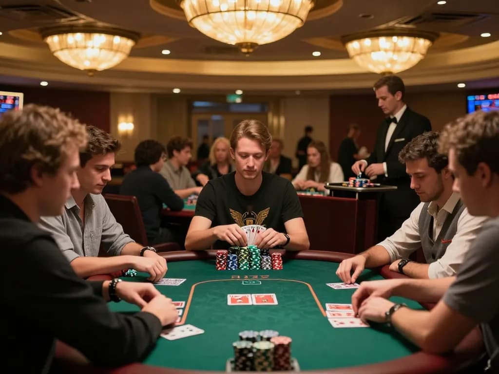 Players engaged in Đá gà thomo at a lively poker table, showcasing high-stakes excitement with chips and cards.