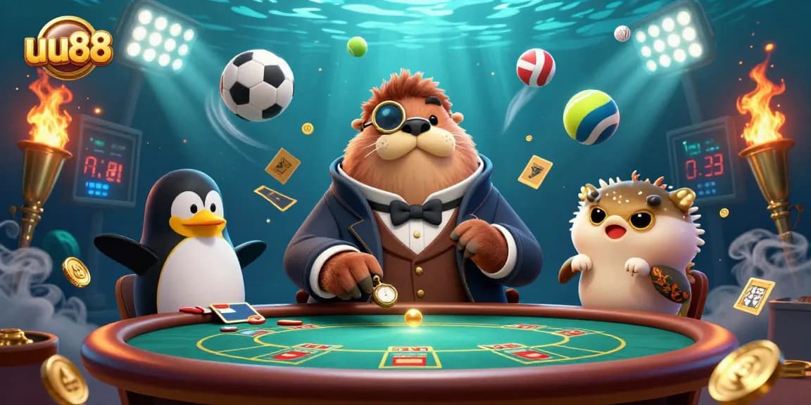 Experience thrilling bets with uu88 in this vibrant underwater poker scene featuring a walrus and penguin.