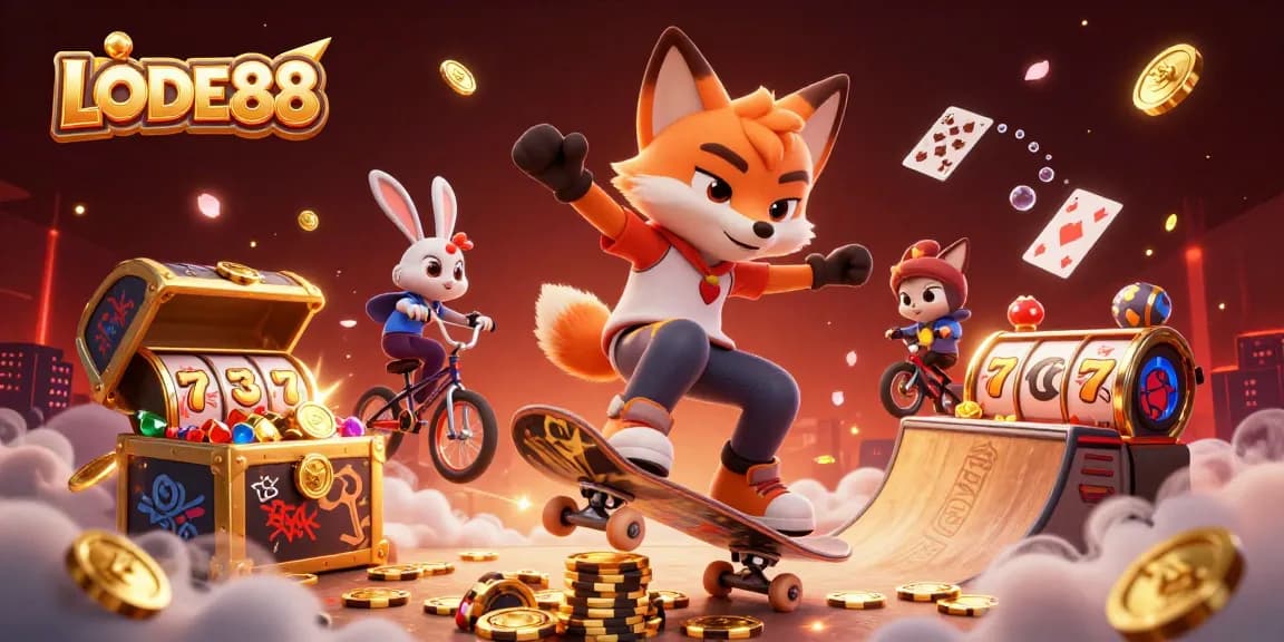 Experience thrilling gameplay at LODE88 with vibrant casino scenes featuring 3D characters performing amazing tricks.