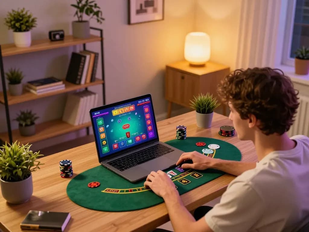 Engaging scene of a player accessing Trang chủ s8 for an exciting online blackjack game in a stylish home office.