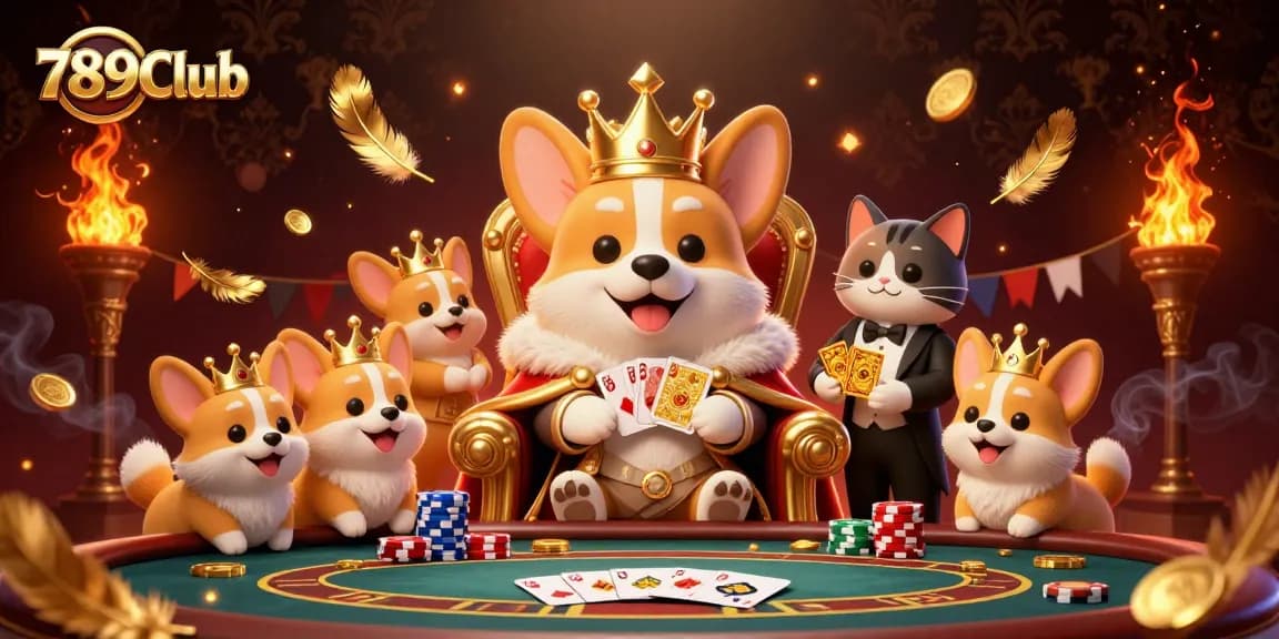 Experience epic gameplay at 789Club with a royal corgi surrounded by poker elements and golden effects.
