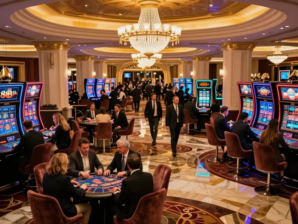 Players engaging in thrilling games at Trang chủ 888new luxurious casino lobby with warm ambiance