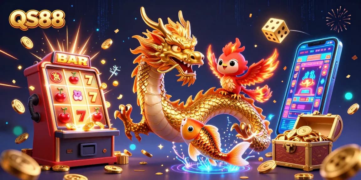 Experience thrilling gameplay at QS88 with a vibrant dragon and exciting casino elements in this rich 3D illustration.