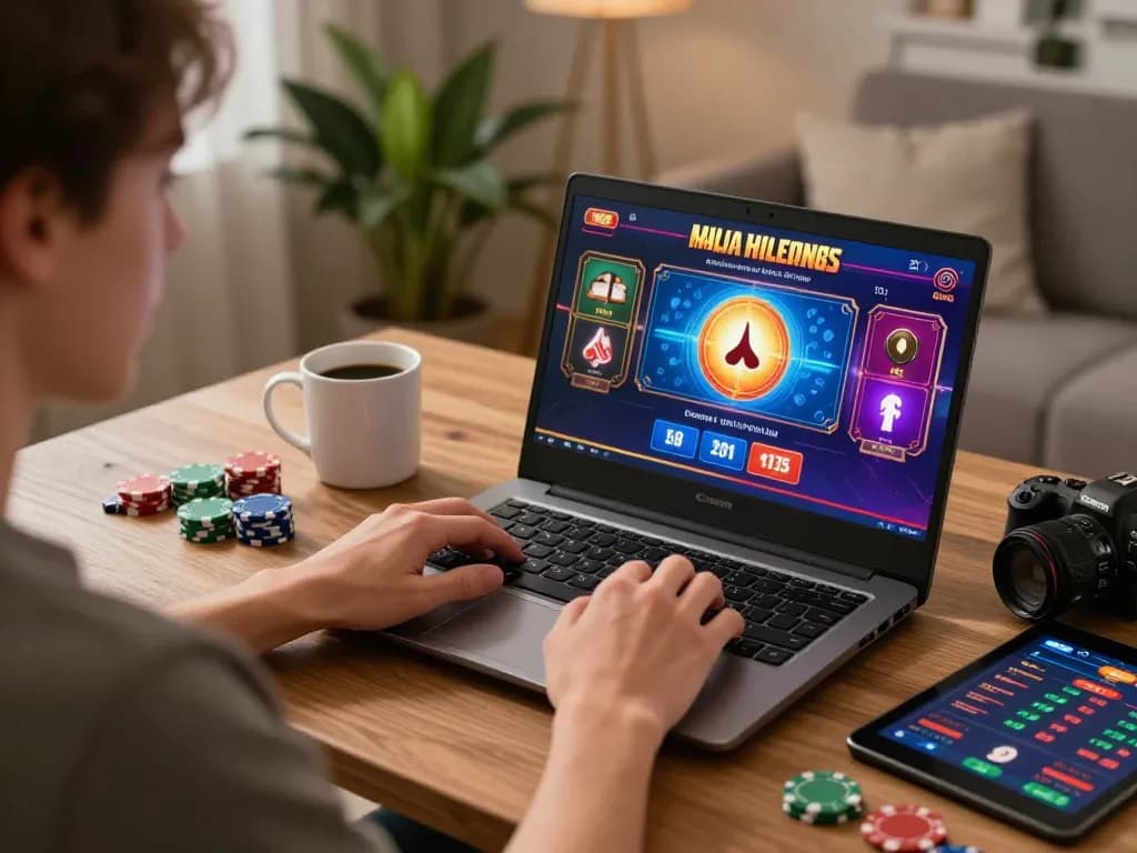Engaging online gaming experience at home with win888 on laptop screen and vibrant graphics.