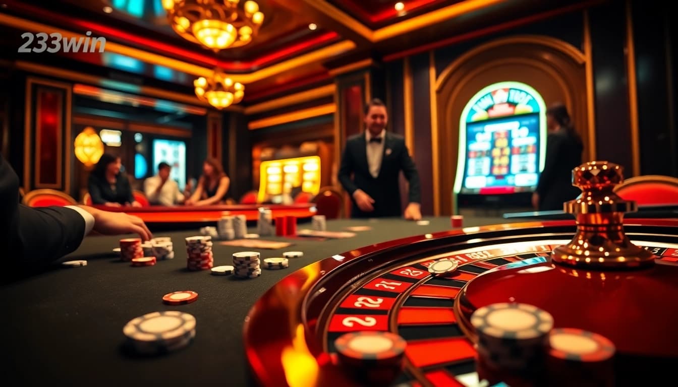 Players at a 23win casino table cheering with poker chips and cards during an exciting game.