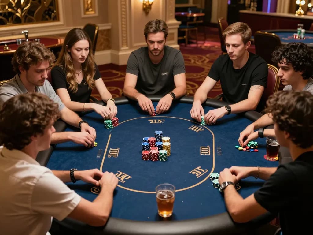SIN88 poker players fiercely competing in a luxurious game setting, showcasing tactical strategy and high stakes.
