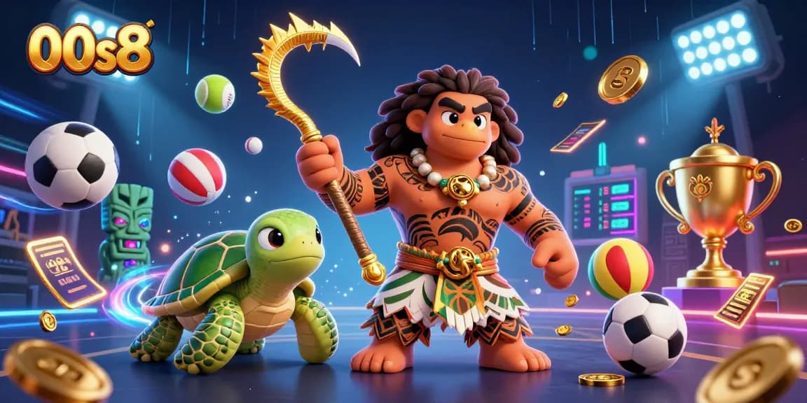 Engage in thrilling action at 00s8 with a vibrant 3D casino scene showcasing dynamic sports symbols and exciting elements.