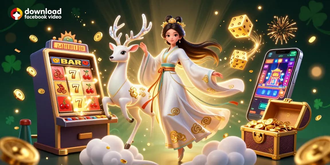 Experience the thrill of downloading Facebook videos easily with a visual of a vibrant 3D casino and jackpot scene.