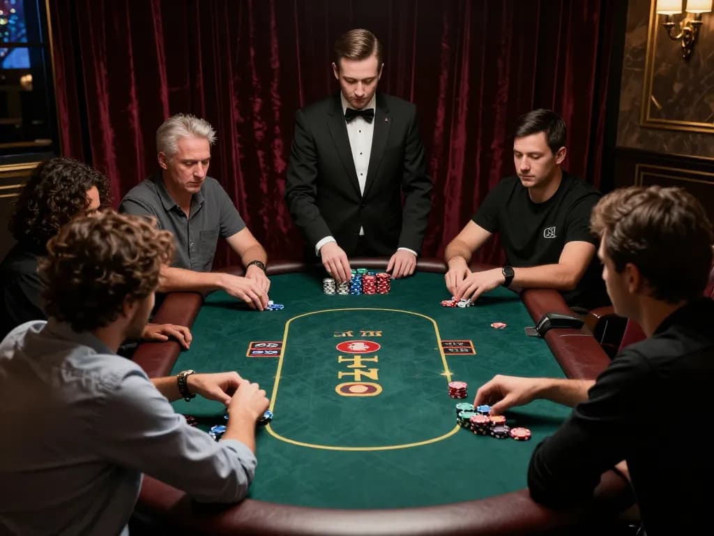 A thrilling poker game scene at p789bet casino with players strategizing around a table.