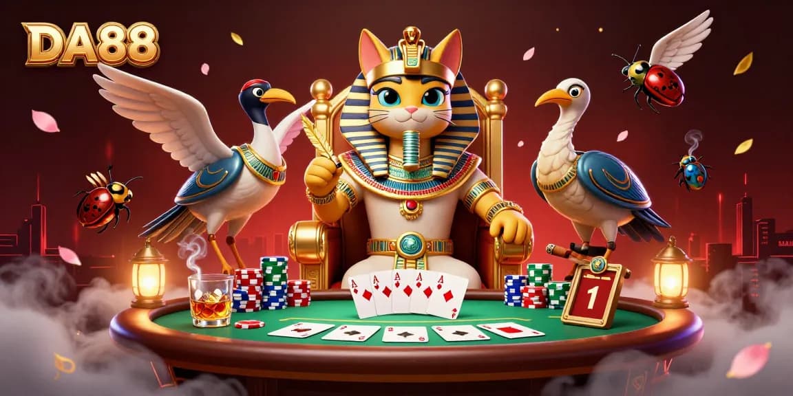 Experience the thrill of DA88 with a poker showdown featuring a majestic pharaoh cat and vibrant game elements.