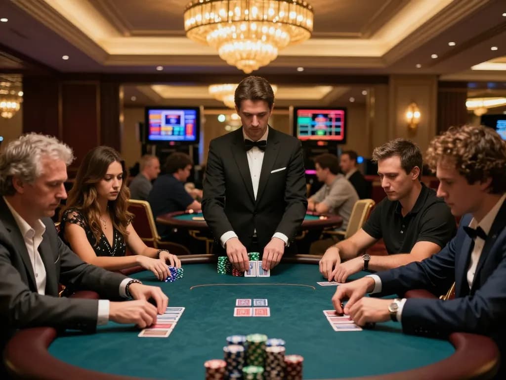 Players strategizing their hands at TX88 poker table in a luxury casino setting.