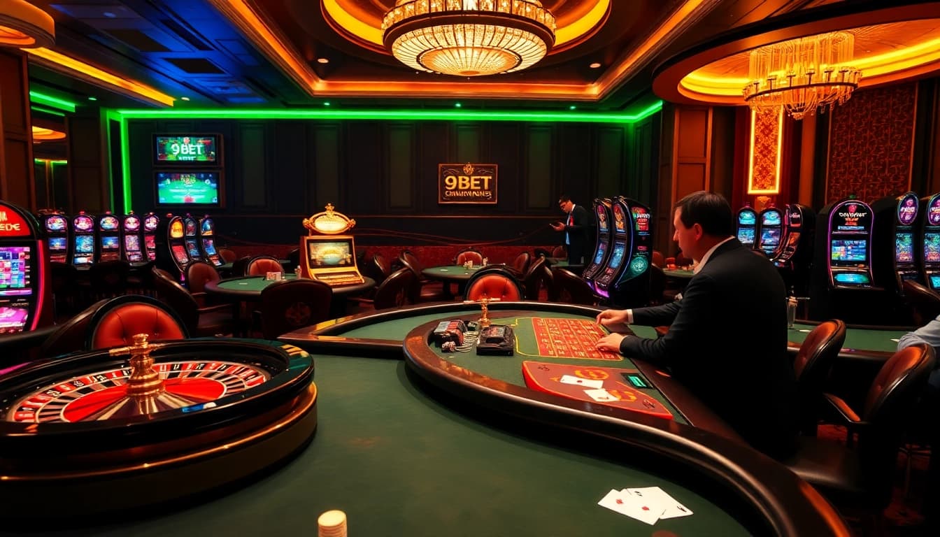 Exciting casino scene featuring Nhà Cái 9BET players in action at poker tables.