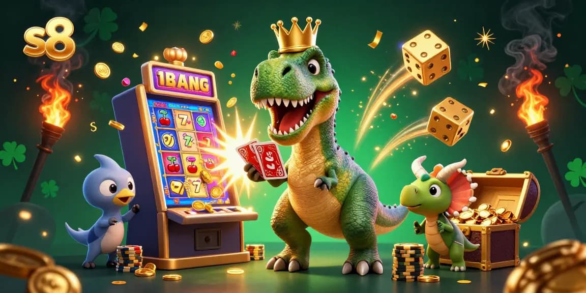 S8 casino fun scene with a T-Rex shuffling cards and dynamic slot machine bursting with gold