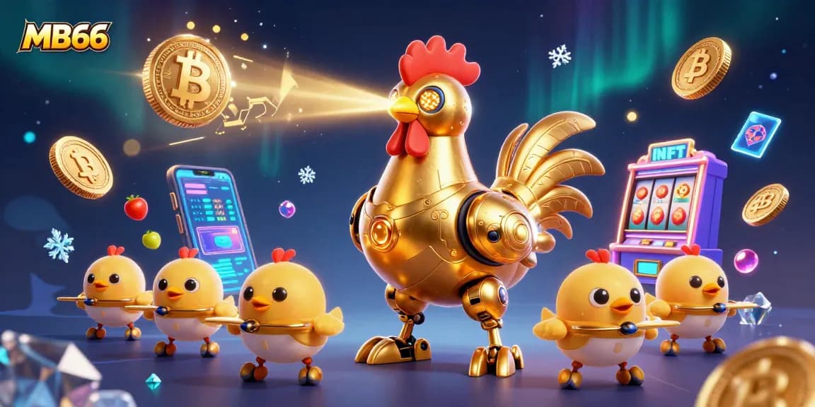 Engage in thrilling gameplay at MB66 with the golden rooster robot leading baby chick drones amidst vibrant slot game elements.