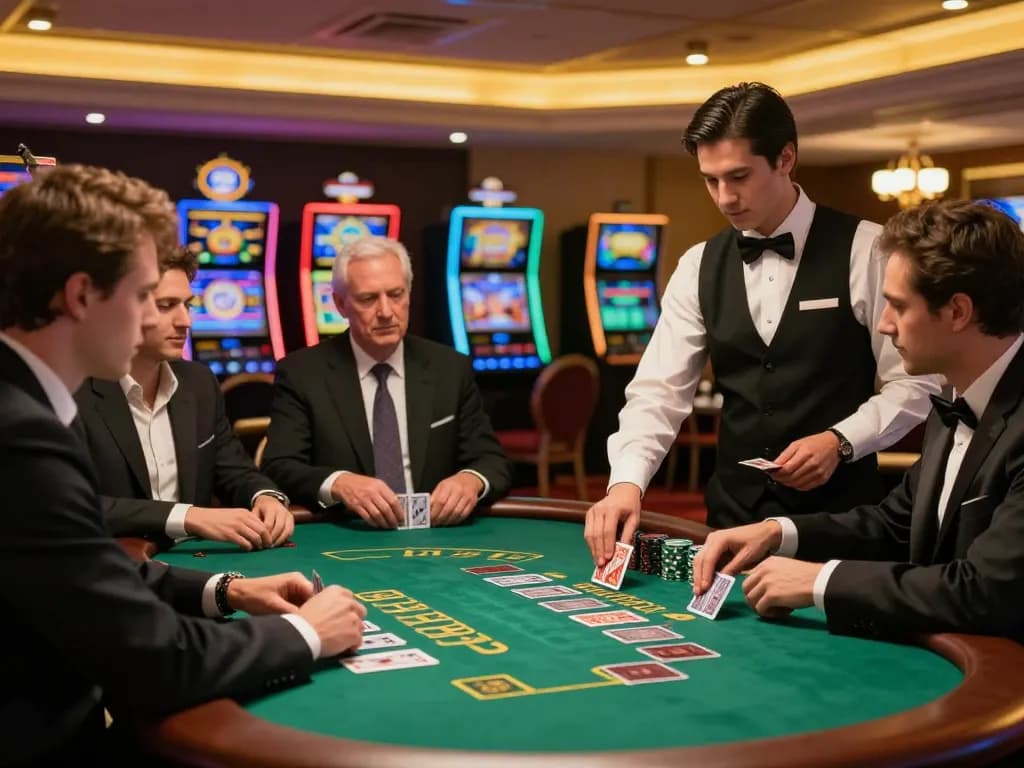 Play blackjack at 13win with players engaged in high-stakes action at a luxurious table.