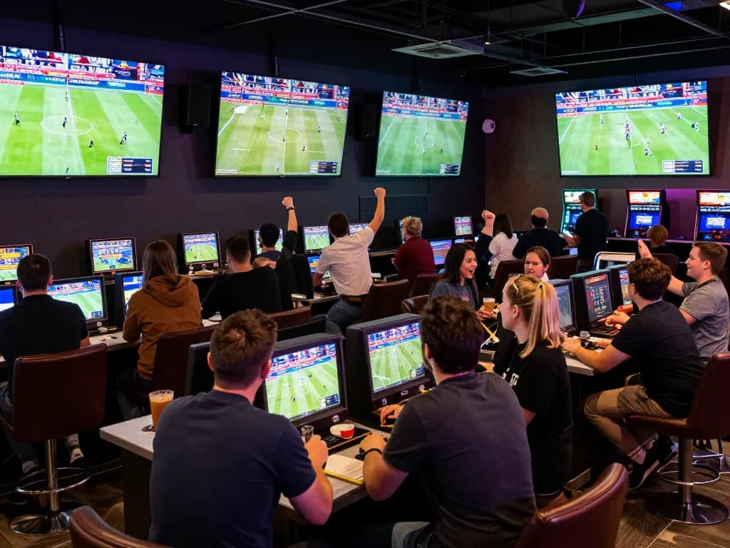 Fans placing bets at kèo nhà cái sports betting lounge filled with live game displays.
