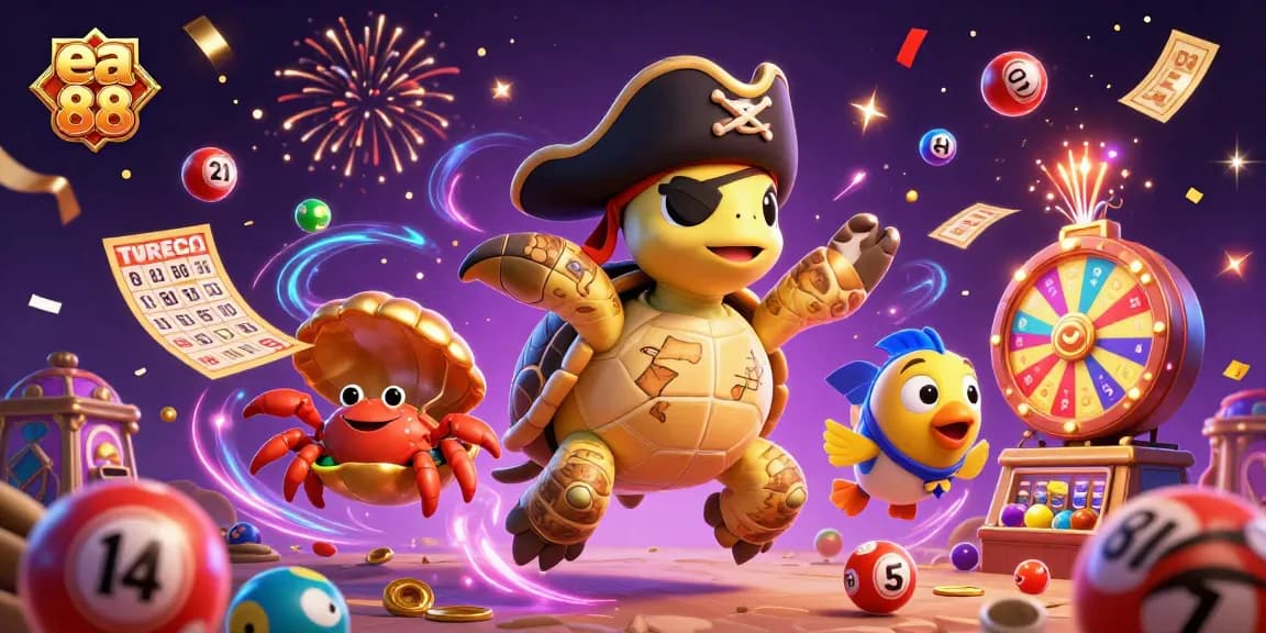 Engage in thrilling lottery action with ea 88's vibrant scene of colorful balls and festive characters.