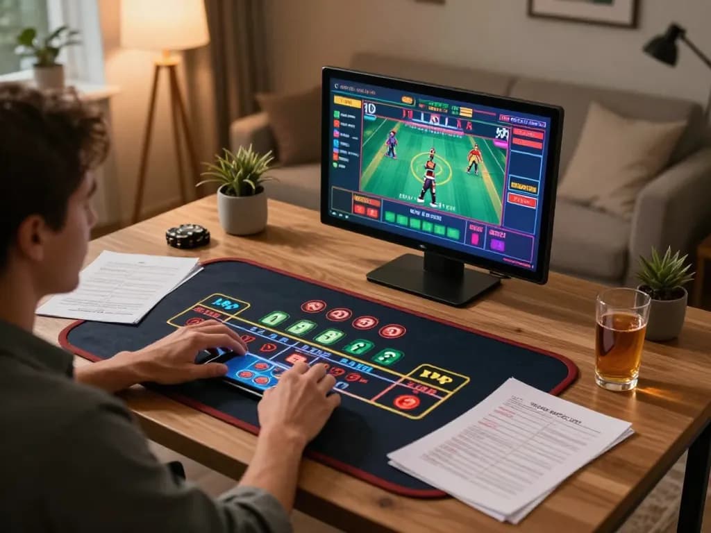 Engaged player using tablet for tg88 live dealer game in a stylish home office.