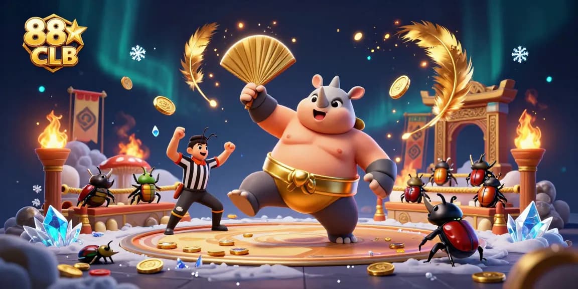Engage in thrilling betting adventures with 88CLB, featuring a sumo beetle champion and exciting casino elements.