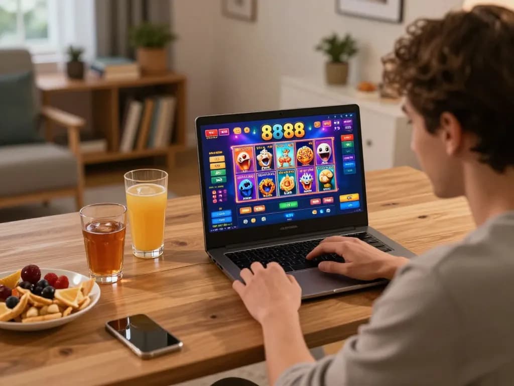 Player enjoying 888slot games on a laptop in a cozy home environment, showcasing responsible online gambling