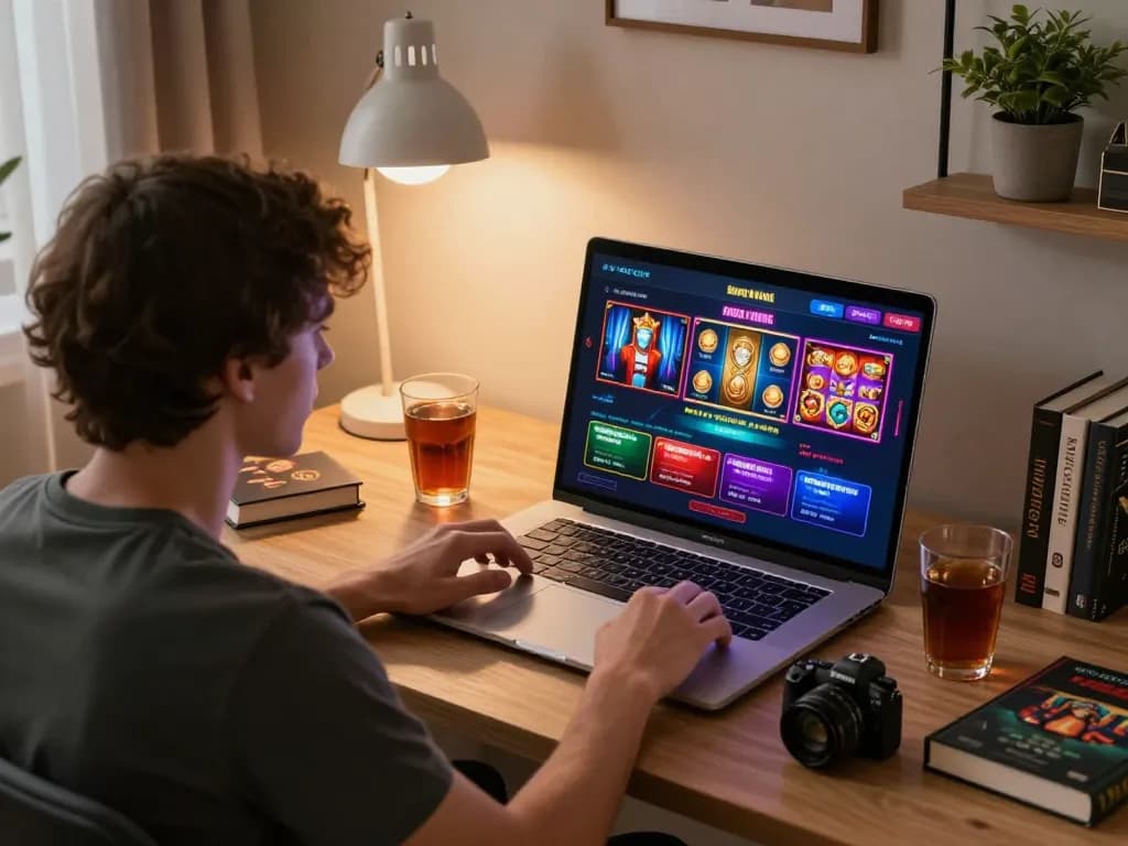 Engaging in online casino games at home while browsing https://sky888.cn.com/ on a stylish laptop, showcasing a relaxed gaming atmosphere.