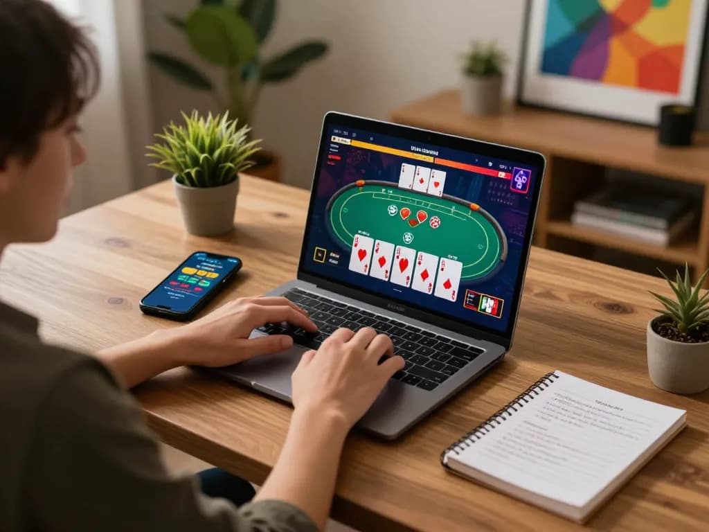 Engaging online gaming with VU88 poker gameplay, showcasing strategy notes and a cozy home setup.