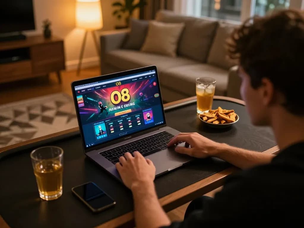 Player engaging with O8 casino platform at home, showcasing strategic online gambling.