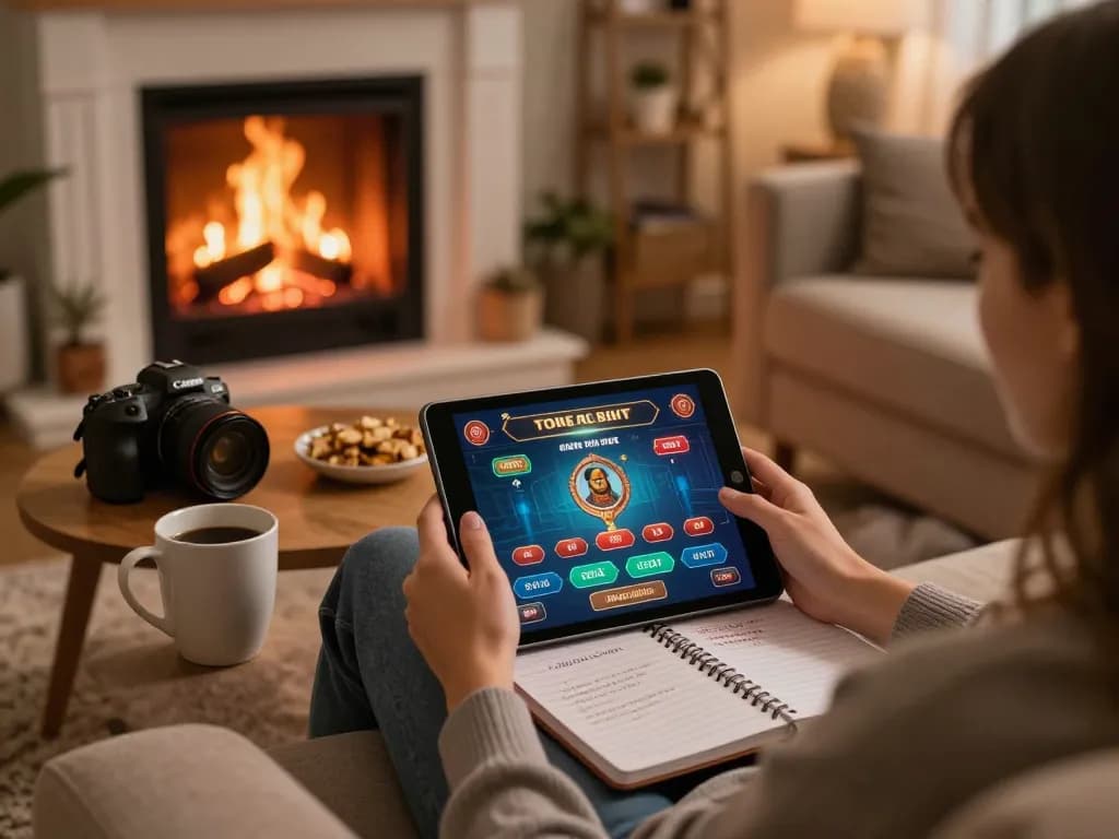 Vmax player enjoying a cozy online casino experience on tablet with strategic notes and snacks