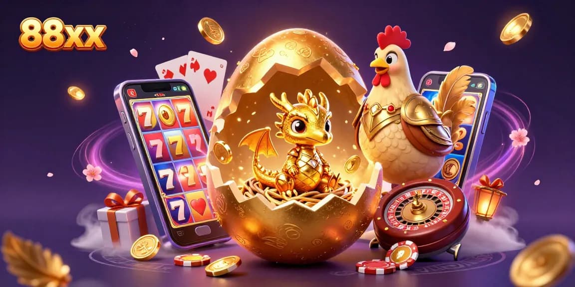 Experience excitement at 88xx with a golden baby dragon and shimmering poker chips in a lively casino scene.