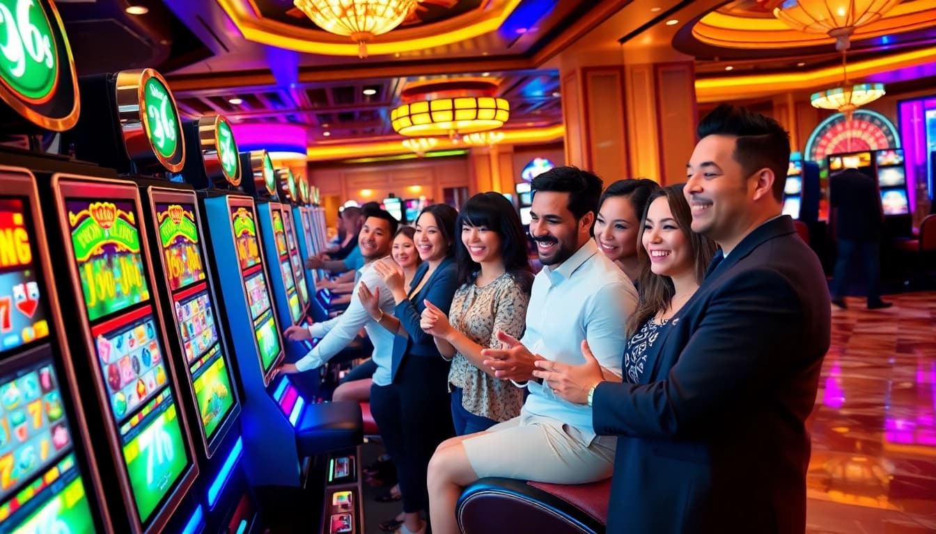 Players enjoying thrilling games at slot365's vibrant casino, showcasing excitement and luxury.