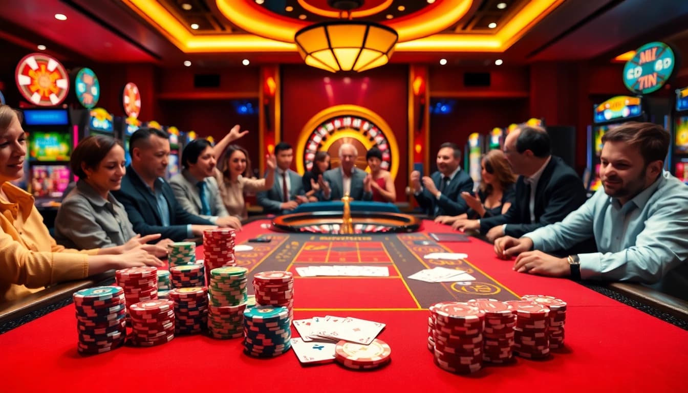 Excited players engaging with the okwin casino table, showcasing vibrant poker chips and cards.
