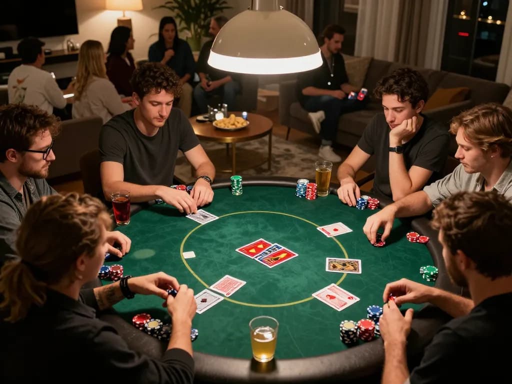 Engaging poker night showcasing friends playing Texas Hold'em, five88 chips and cards in play
