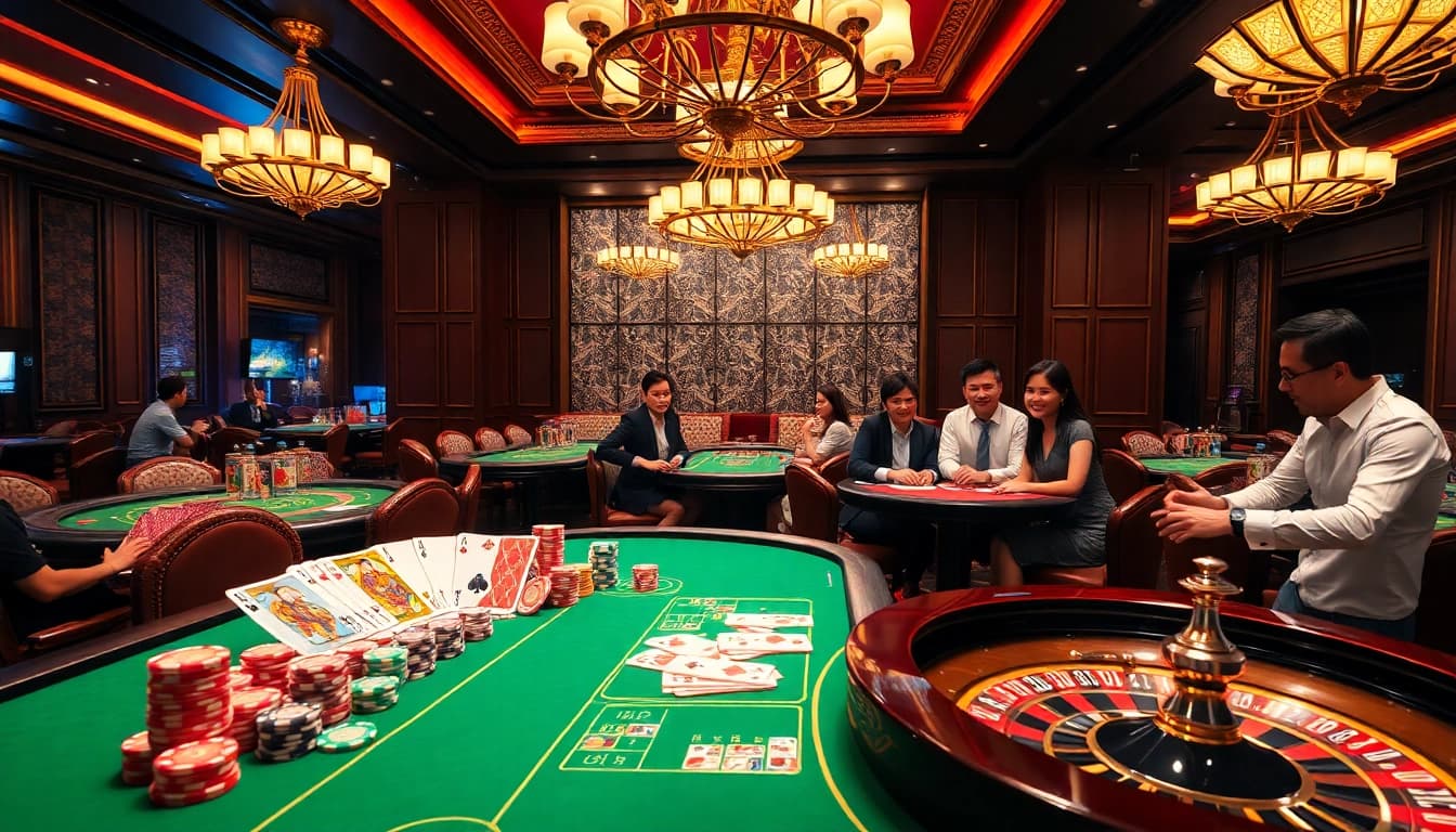 Players engaging in game bài at a luxurious casino table under warm ambiance.