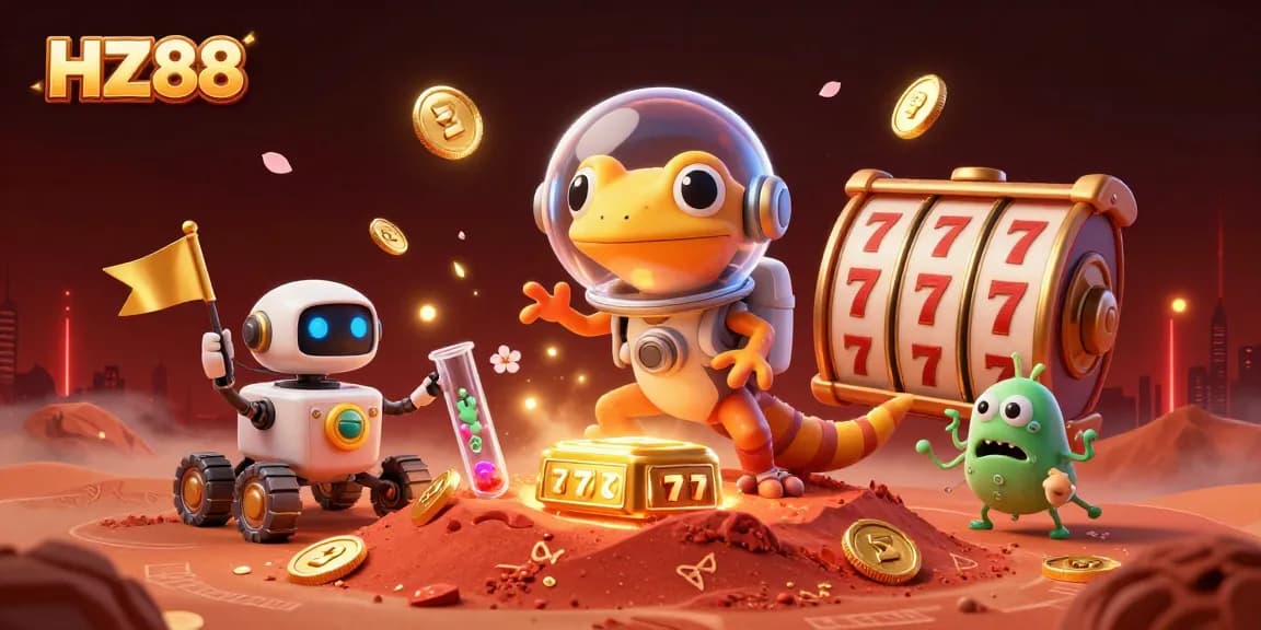 Experience the vibrant casino world of HZ88 with The Martian gecko character exploring a slot-filled atmosphere.