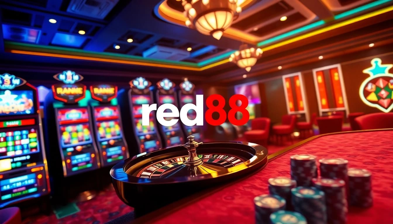 Experience the excitement at red88 trang chủ with vibrant casino visuals of slot machines and roulette tables.